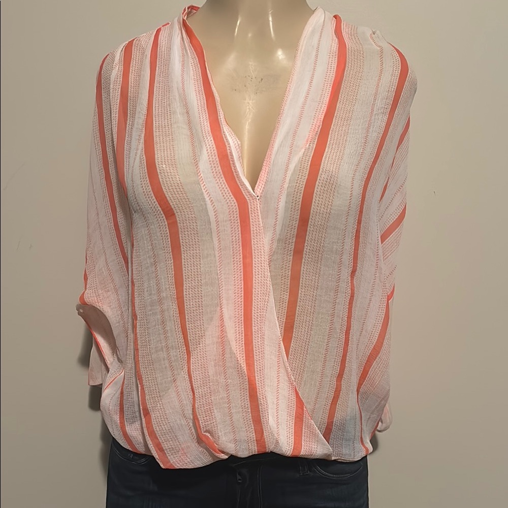 Chelsea28 Orange and White Wrap Blouse with 3/4 Sleeves